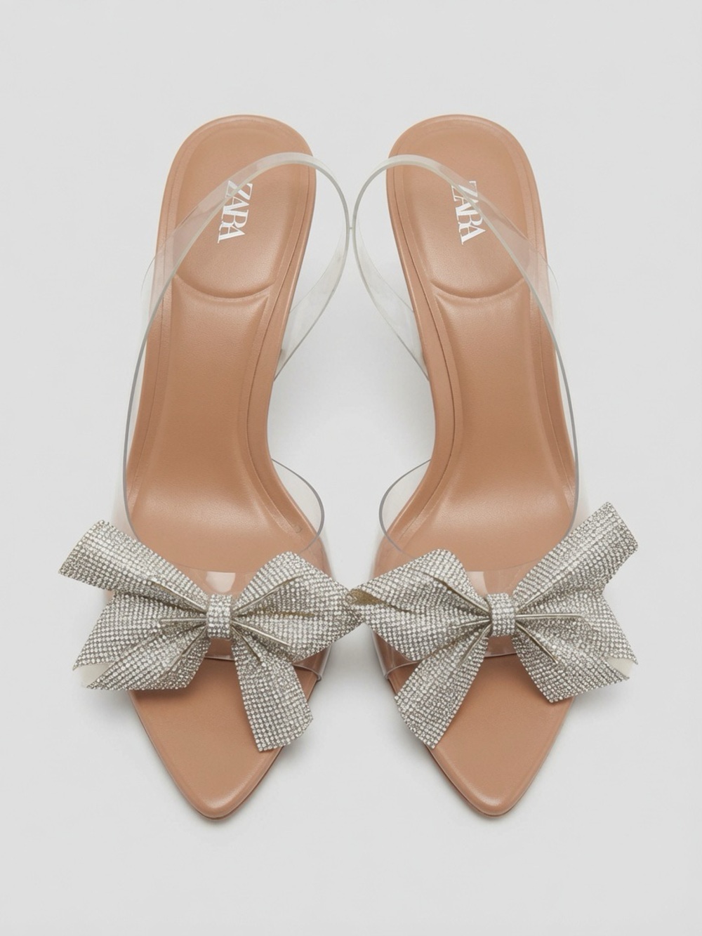 Zara Nude Slingback Mules with Silver Bow Embellishments